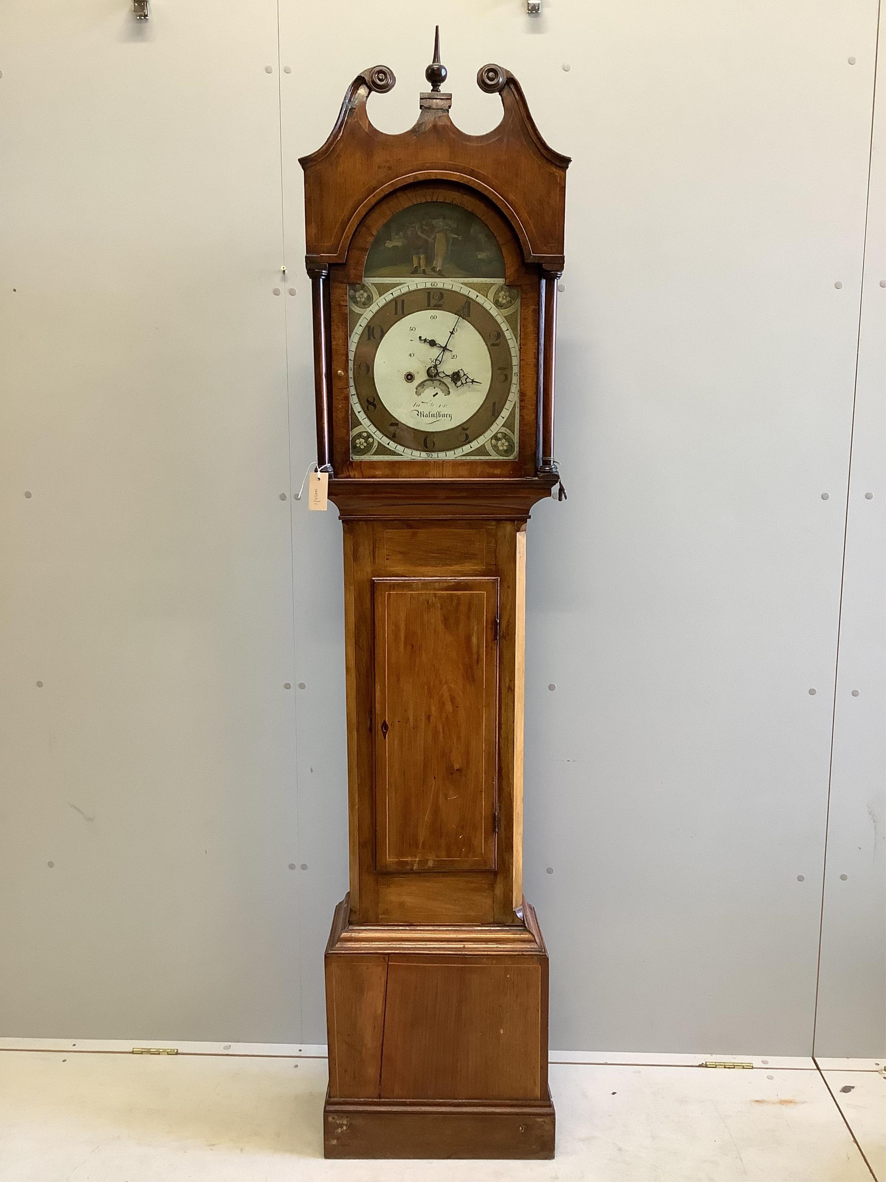An early 19th century mahogany eight day longcase clock, height 216cm. Condition - poor